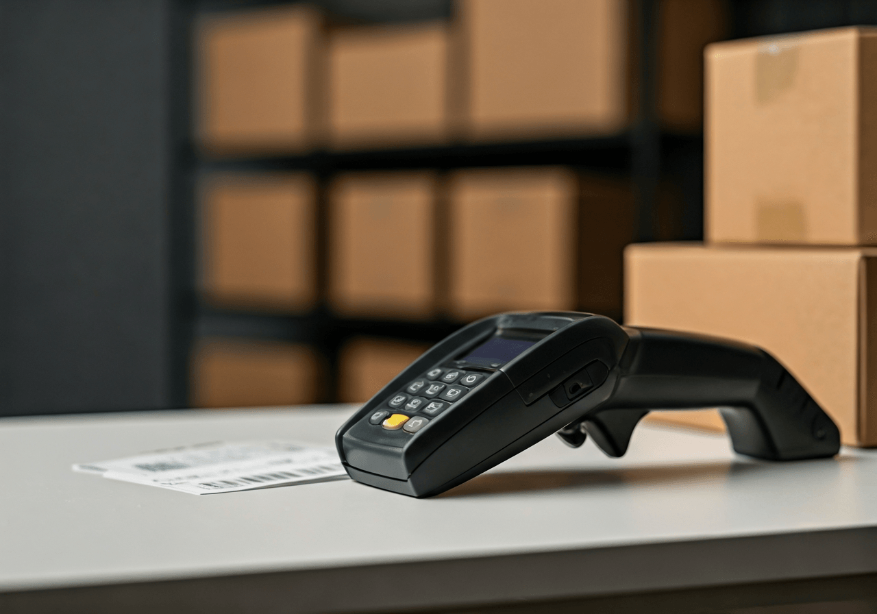 Close-up shot of a modern parcel scanner and shipping labels on a clean counter, interior of a logistics office, editorial photography, soft natural light, 85mm lens, depth of field, minimalist, no text, no letters