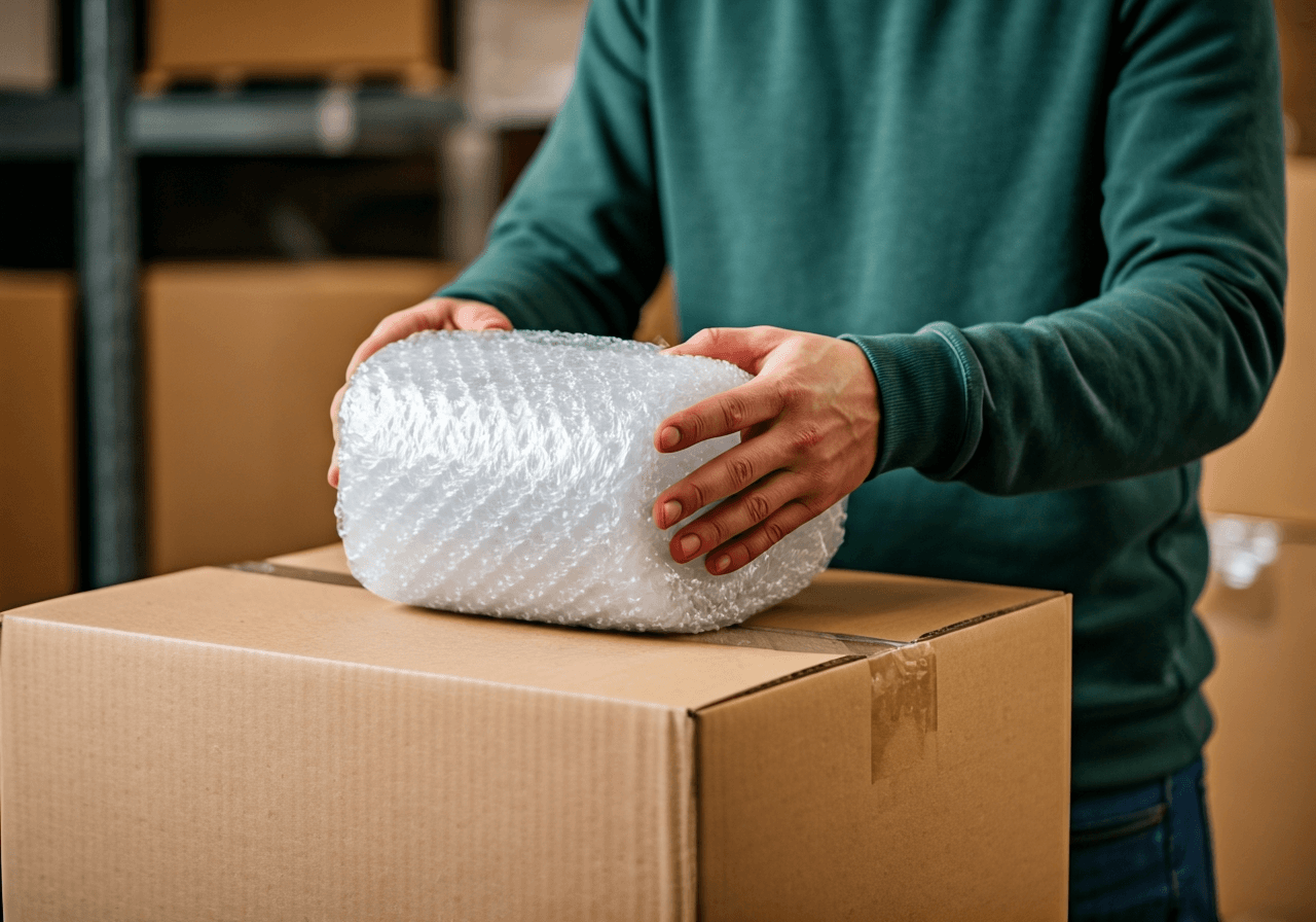 Professional warehouse worker carefully packing a cardboard box with protective bubble wrap and fillers, modern clean storage environment, editorial photography, soft natural light, 85mm lens, highly detailed, no text, no words, no letters