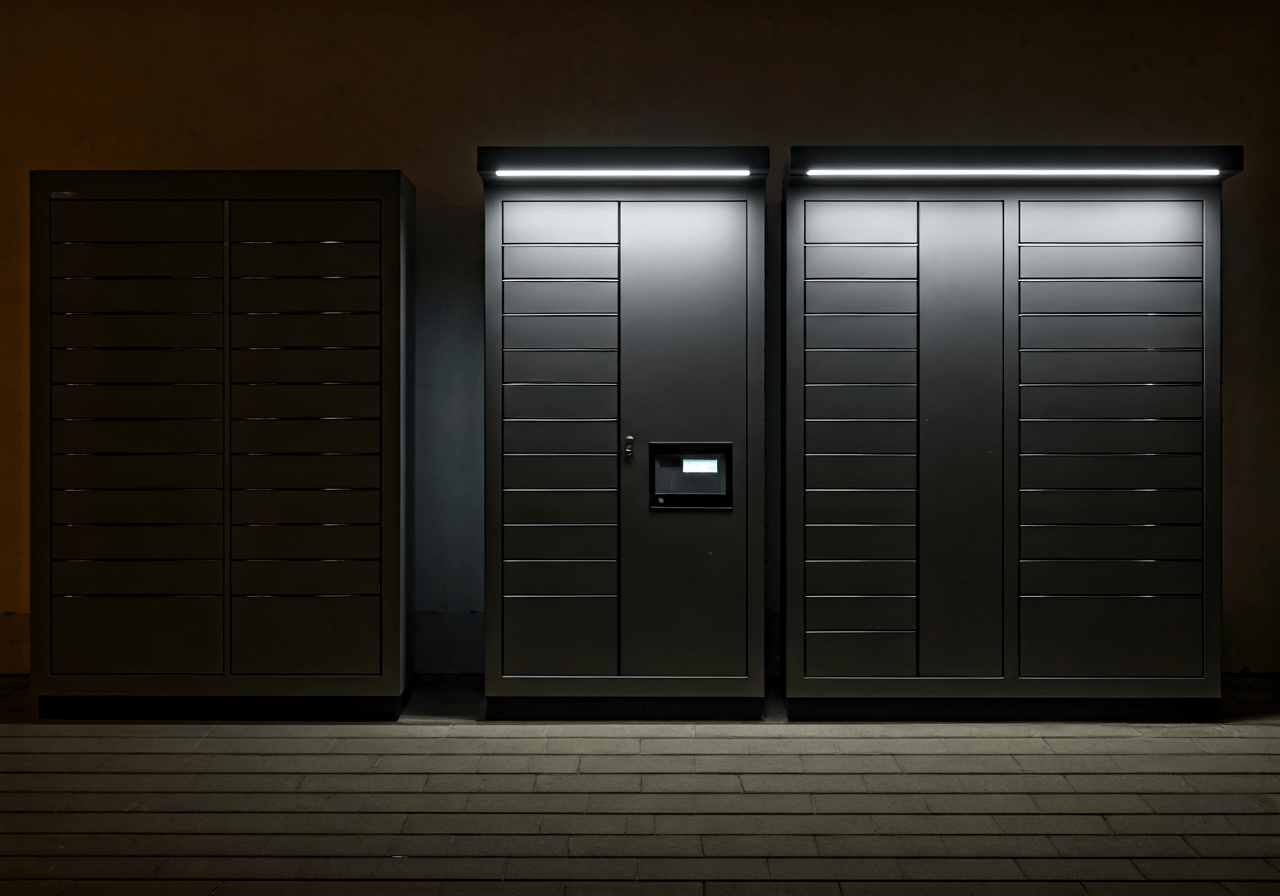 A modern, automated parcel locker station in a clean urban Polish city setting at twilight, soft glowing LED illumination, editorial photography, 85mm lens, high quality, professional composition, no text, no words, no letters.