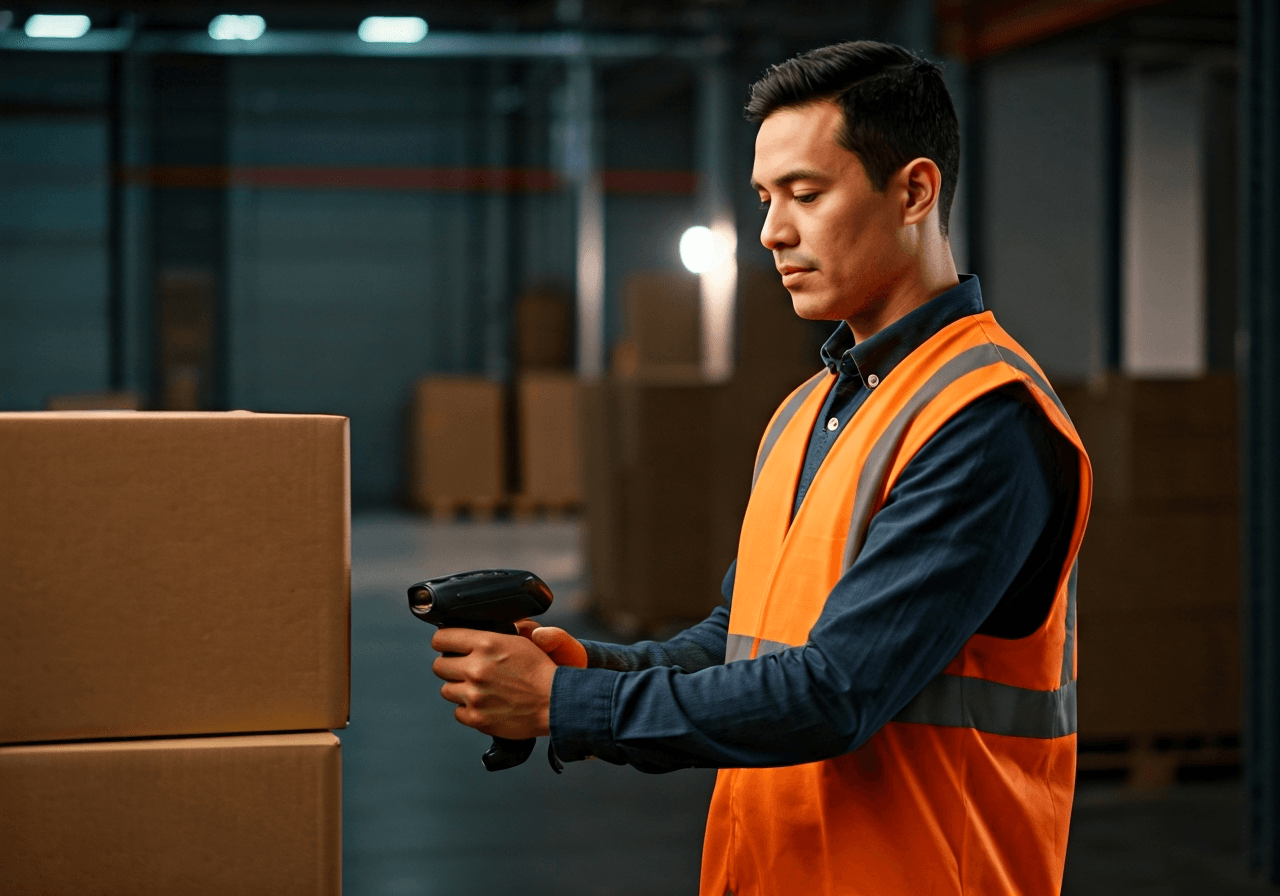 Editorial photography, a professional logistics worker scanning a package in a modern, clean distribution center, soft natural morning light, 85mm lens, high resolution, minimalist aesthetic, no text, no letters
