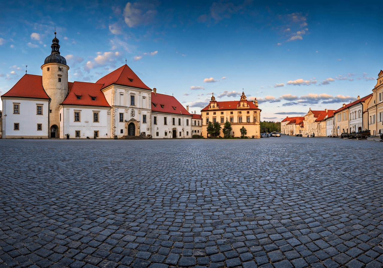 Editorial photography, a stunning panoramic view of the Renaissance castle in Kostelec nad Černými lesy during the golden hour, cobblestone streets leading to a historic town square, soft natural lighting, high-end travel magazine aesthetic, 85mm lens, no text, no letters