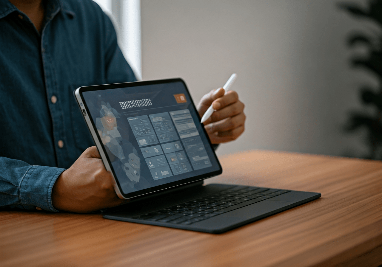 A professional logistics coordinator working with a digital tablet showing a clean shipment tracking interface, modern minimalist home office environment, soft natural light, premium editorial photography, 85mm lens, highly detailed, no text, no letters