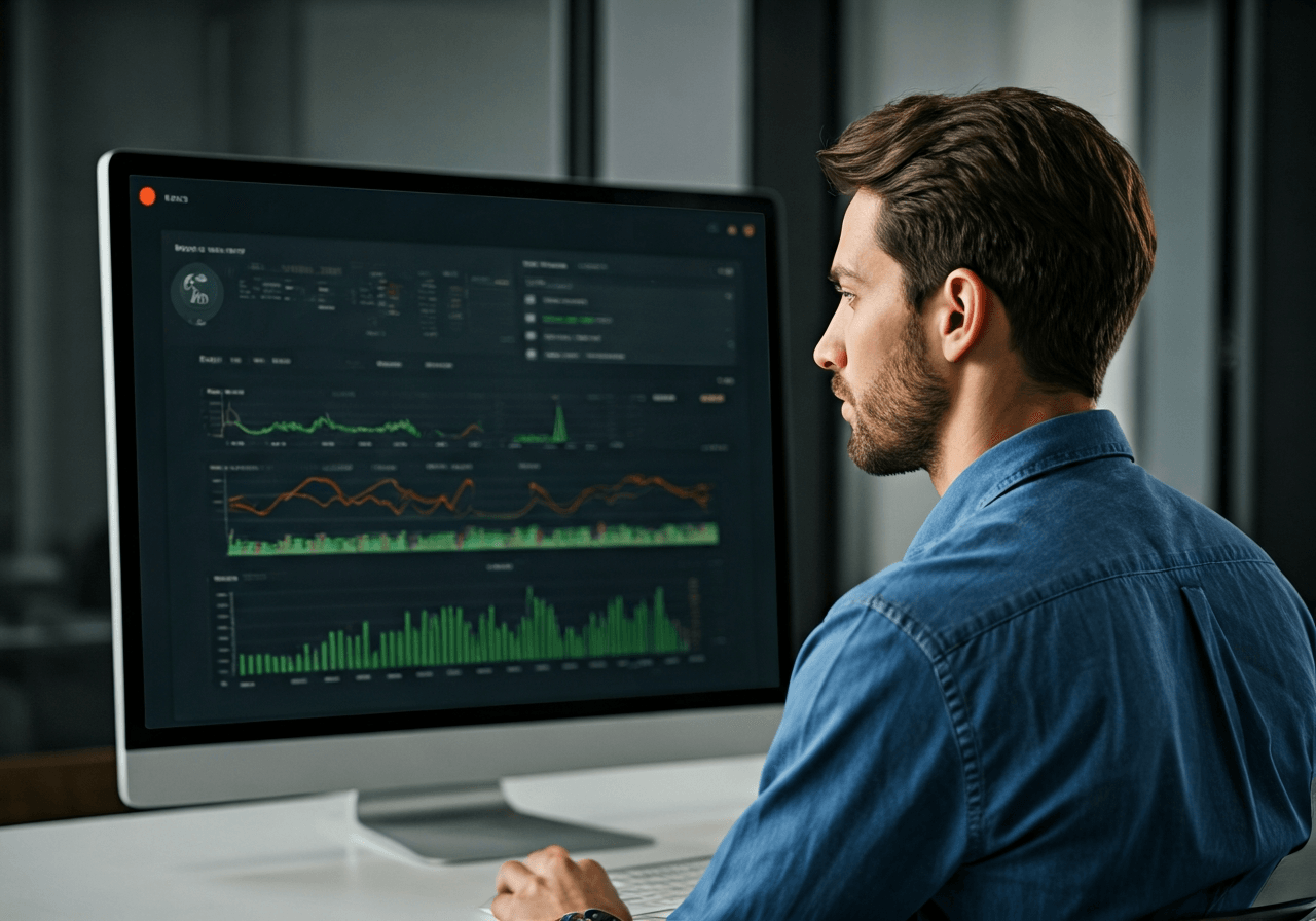 Editorial photography, a modern logistics professional looking at a dashboard with real-time parcel tracking data on a large screen, clean office environment, premium aesthetic, soft natural light, 85mm lens, highly detailed, no text, no words, no letters