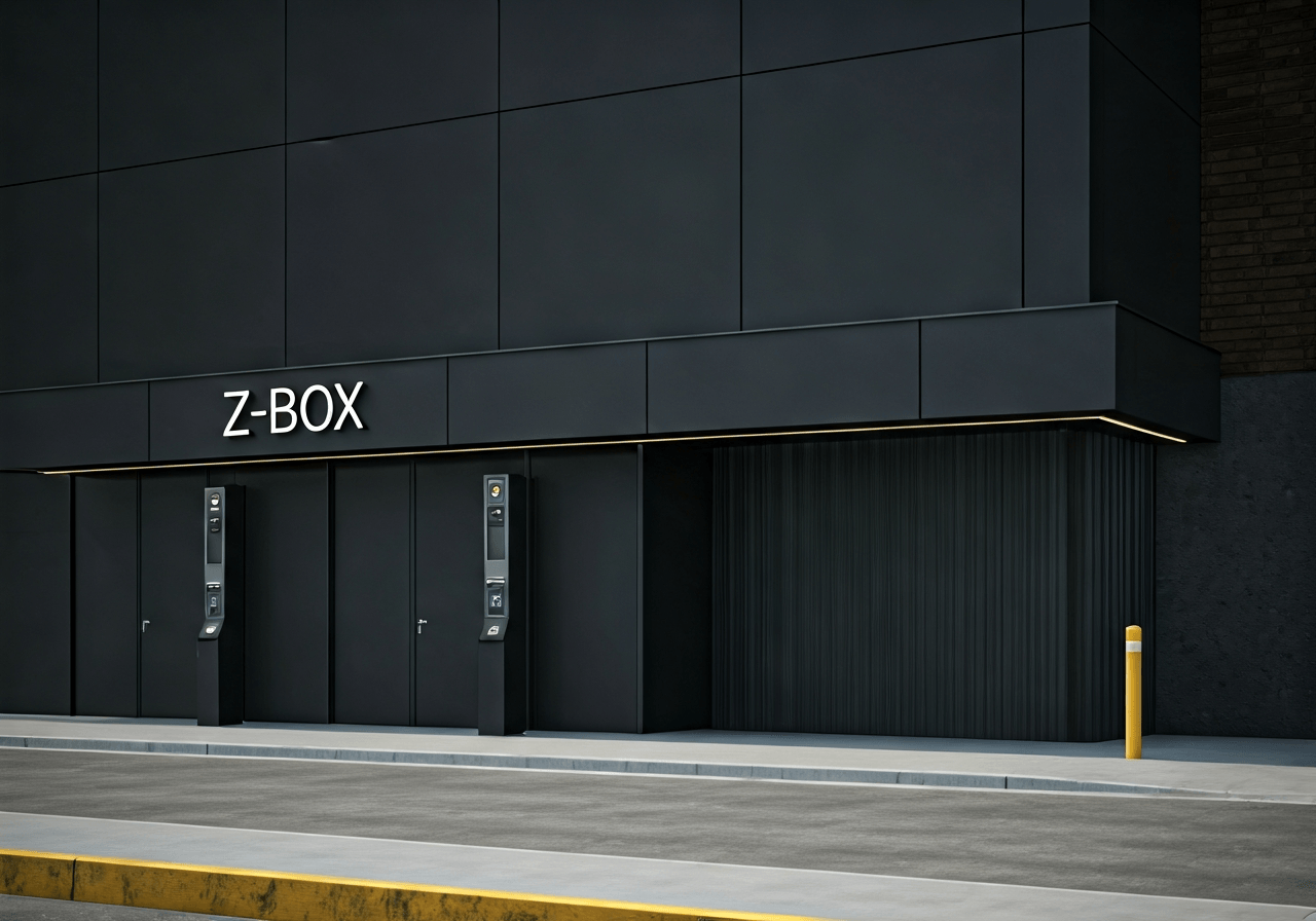 A modern, minimalist Z-BOX parcel terminal exterior in a clean urban setting, bright daylight, high-end editorial photography style, soft natural lighting, depth of field, 85mm lens, no text, no words, no letters.