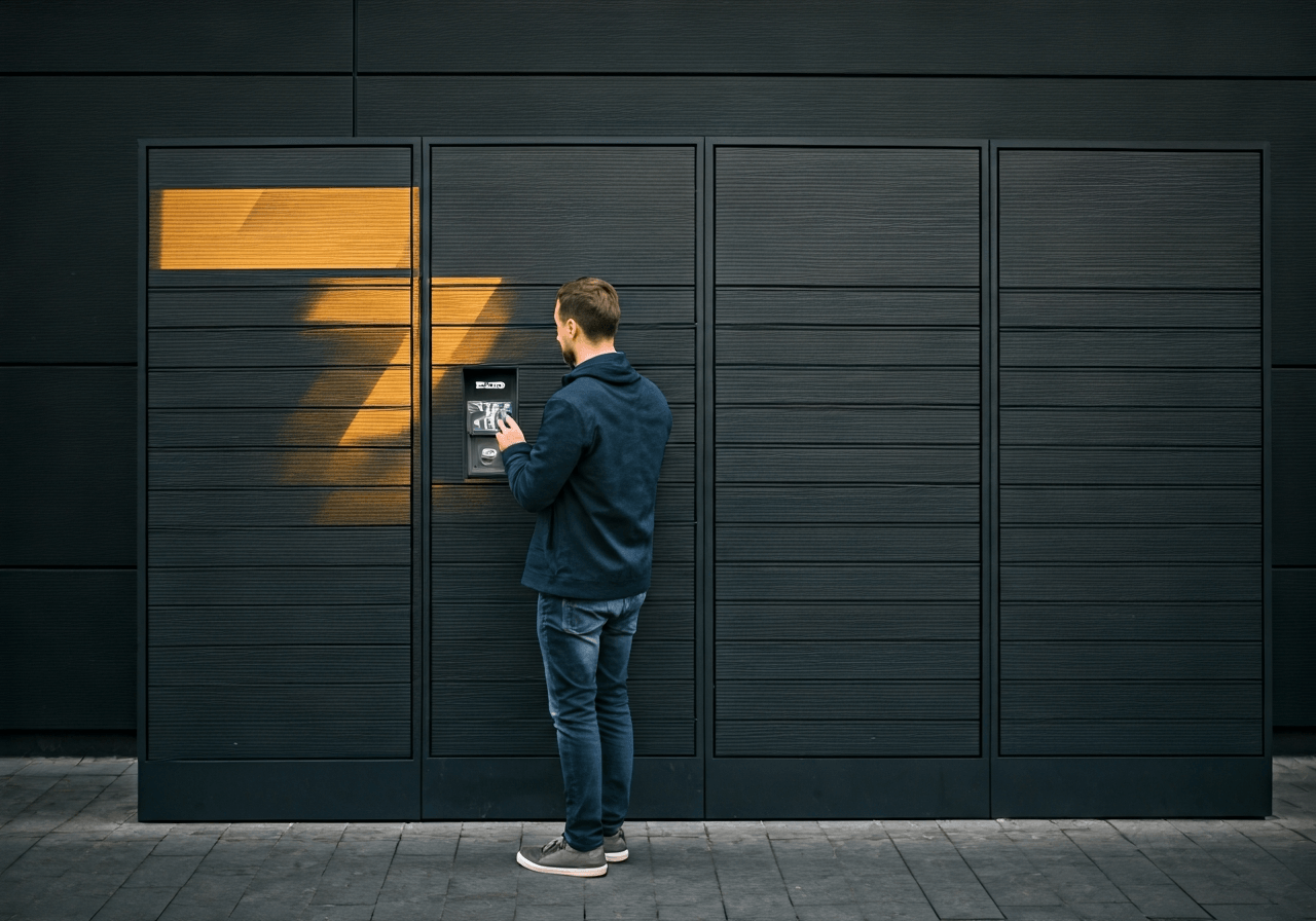 Editorial photography, a modern Z-BOX (parcel locker) in Litvínov with a person interacting with it, clean urban environment, modern, premium aesthetic, soft natural light, 85mm lens, highly detailed, no text, no words, no letters