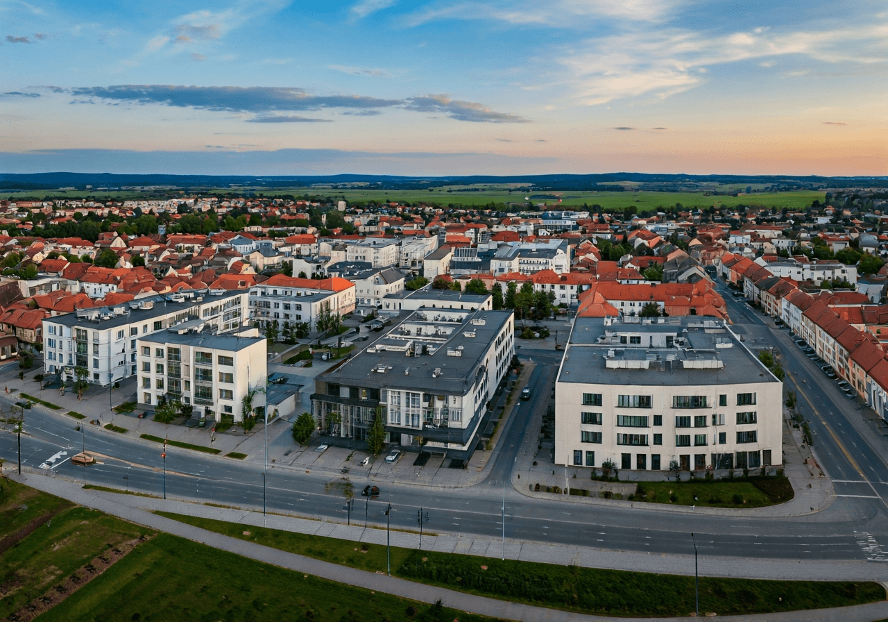 Aerial view of Kuřim town center, South Moravian Region, Czech Republic, modern urban environment, editorial photography, soft natural light, 85mm lens, no text, no words, no letters