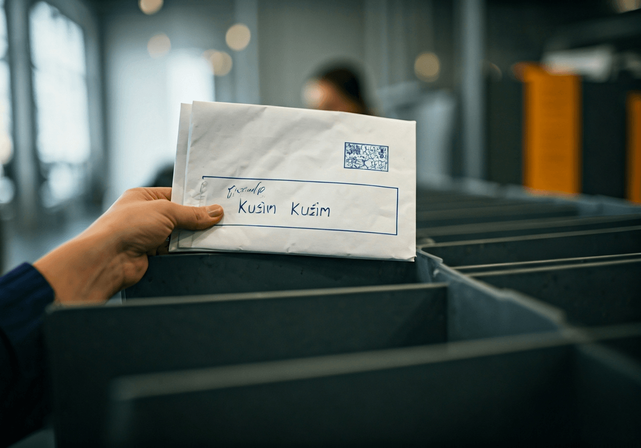Editorial photography, a postal worker carefully sorting mail with a focus on a package addressed to Kuřim, modern postal sorting facility background, soft natural light, 85mm lens, highly detailed, no text, no words, no letters