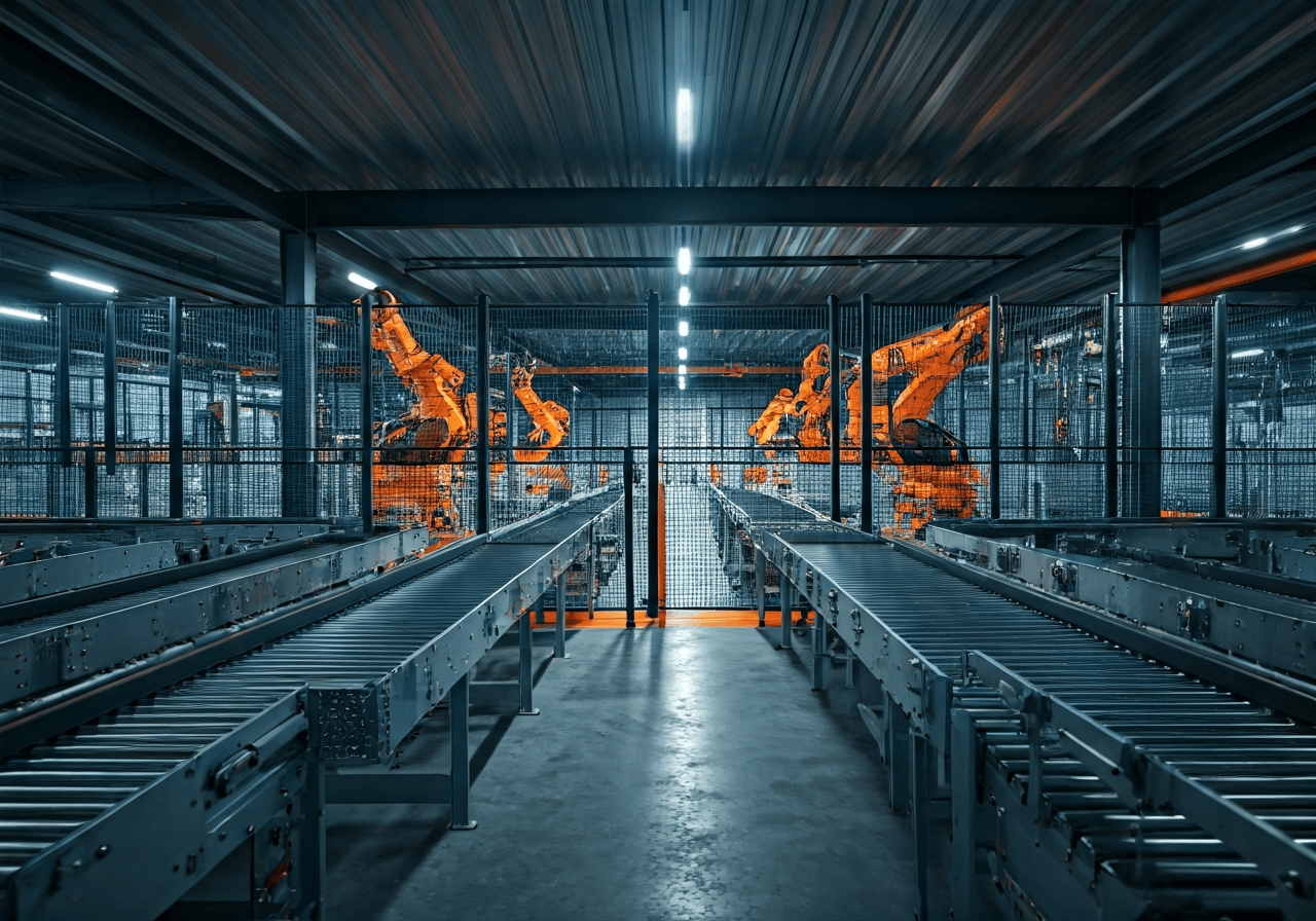Depo Zásilkovna: Vyplatí se? (Pravda o doručení) 3 A futuristic high-tech logistics sorting center, wide-angle shot of automated conveyor belts and robotic arms, clean industrial environment, premium editorial photography, cool blue and orange accent lighting, 85mm lens, sharp focus, no text, no words, no letters.