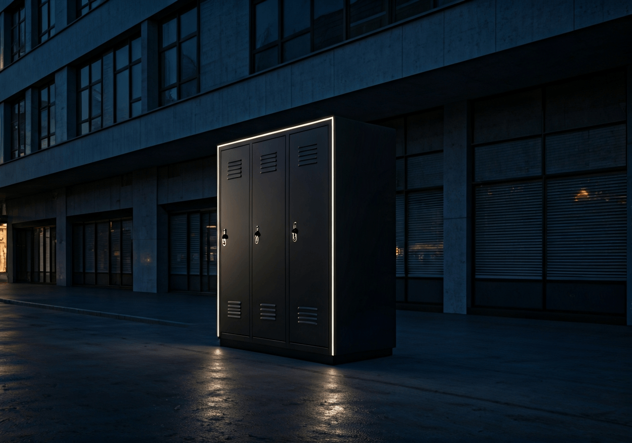 A sleek, modern Z-BOX locker unit standing on a clean urban street corner at twilight, glowing LED lights, editorial photography, high contrast, wide angle lens, sharp focus, no text, no words, no letters