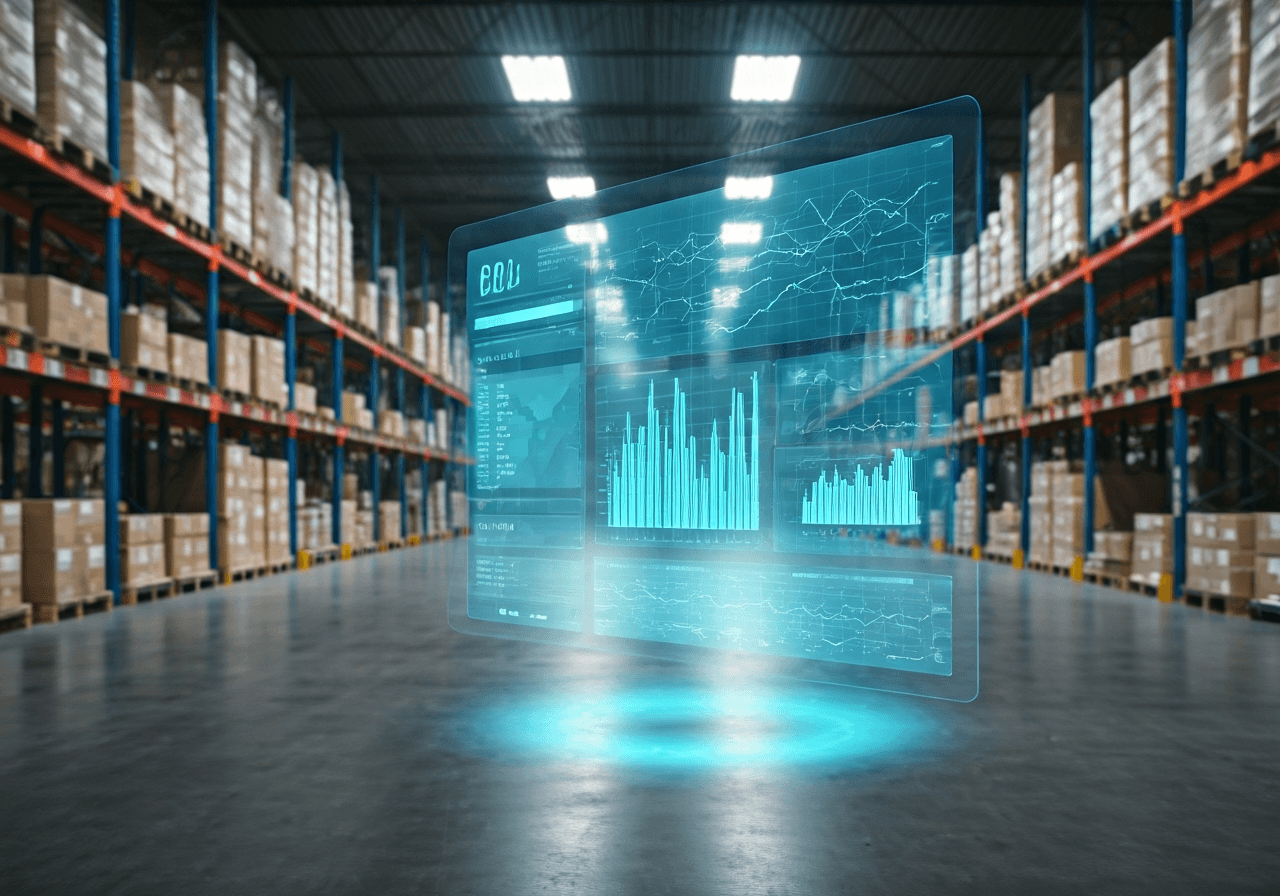 A clean, modern warehouse interior with a high-tech digital dashboard display floating in the air, showing real-time logistics data, soft natural light, editorial photography style, minimalist aesthetic, 85mm lens, high resolution, no text, no letters.