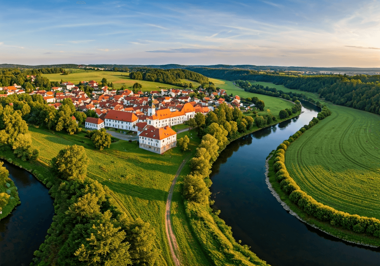 Aerial view of Chlumec nad Cidlinou, scenic river Cidlina winding through the landscape, lush green meadows and historic architecture, soft morning natural light, editorial photography, 85mm lens, high resolution, no text, no words, no letters