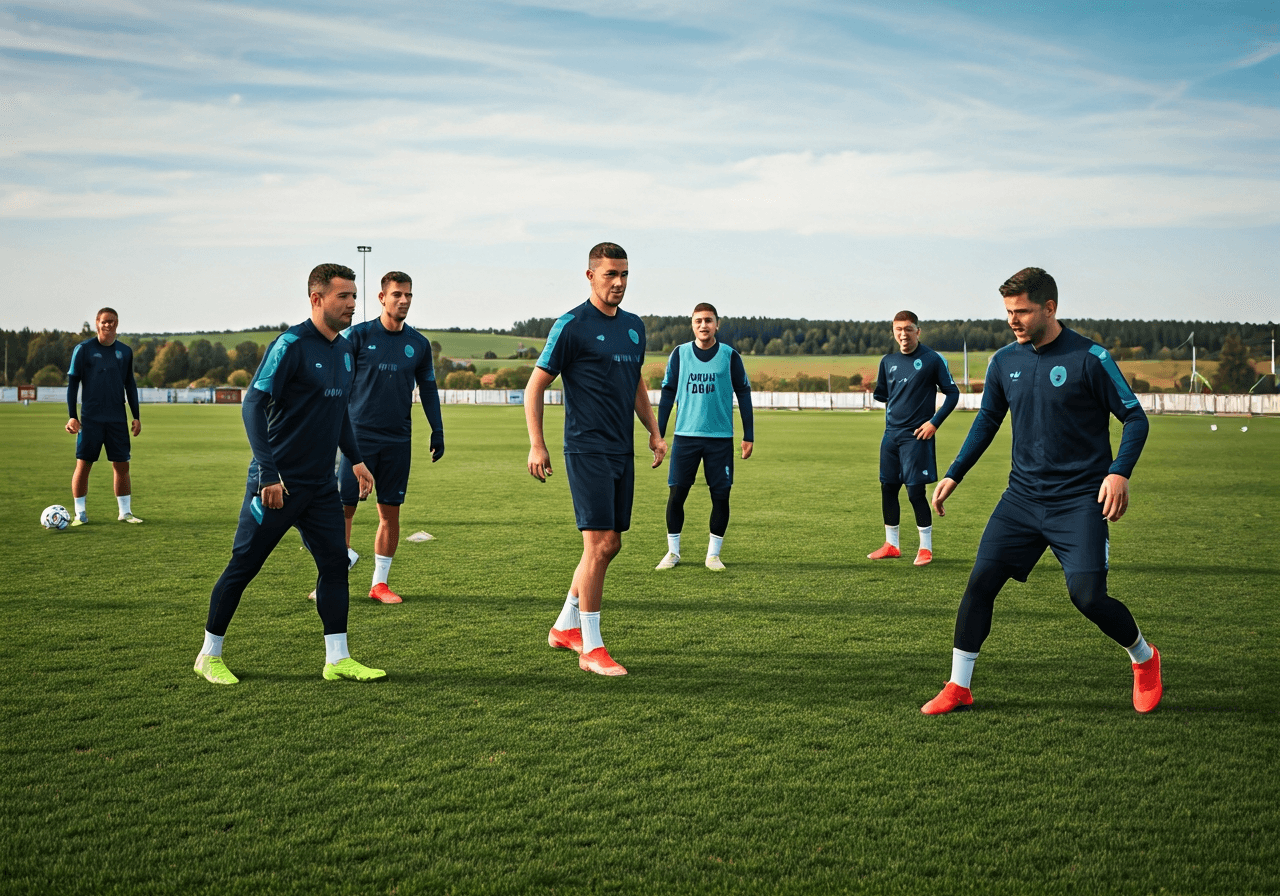 A group of amateur football players training on a pristine grass field, Chlumec nad Cidlinou landscape in the background, professional athletic gear, editorial photography, soft natural light, 85mm lens, highly detailed, no text, no letters.