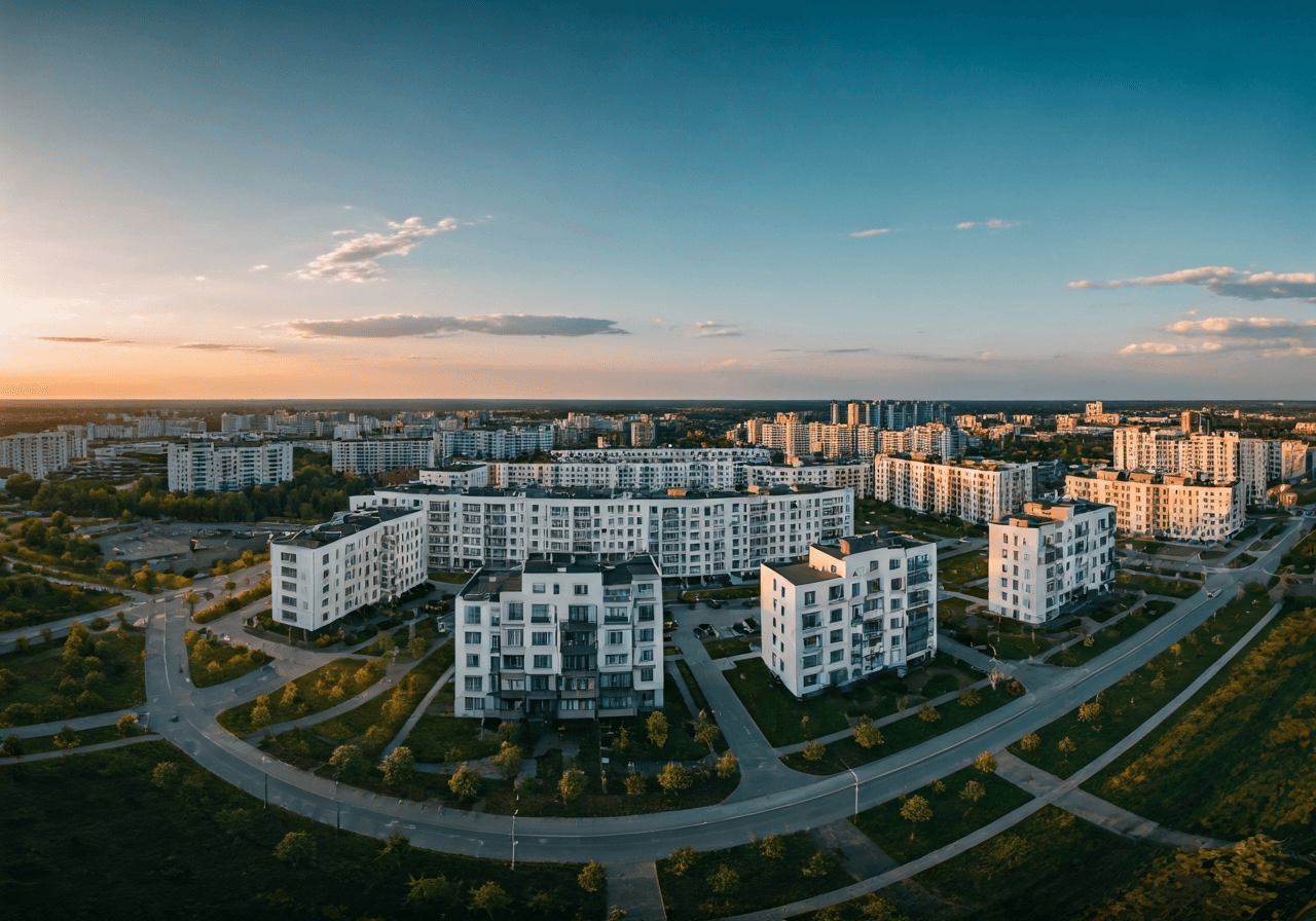 Aerial wide shot of Hrabůvka residential district in Ostrava, modern urban planning with green spaces, high-quality residential buildings, soft natural morning light, cinematic editorial style, 85mm lens, no text, no words, no letters