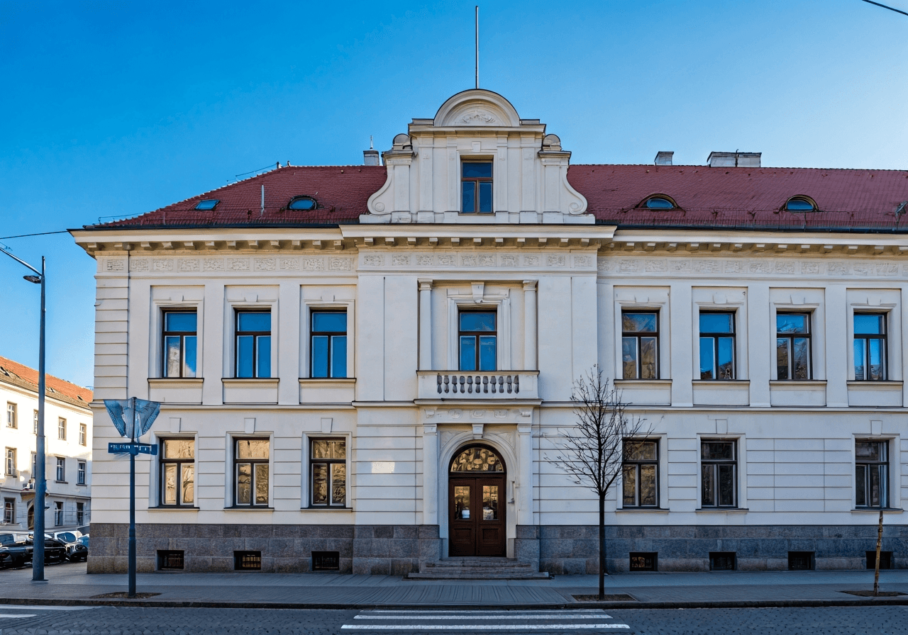 Exterior view of a classic post office building, clean urban environment in Pardubice, editorial architectural photography, soft daylight, sharp focus, 85mm lens, no text, no words, no letters