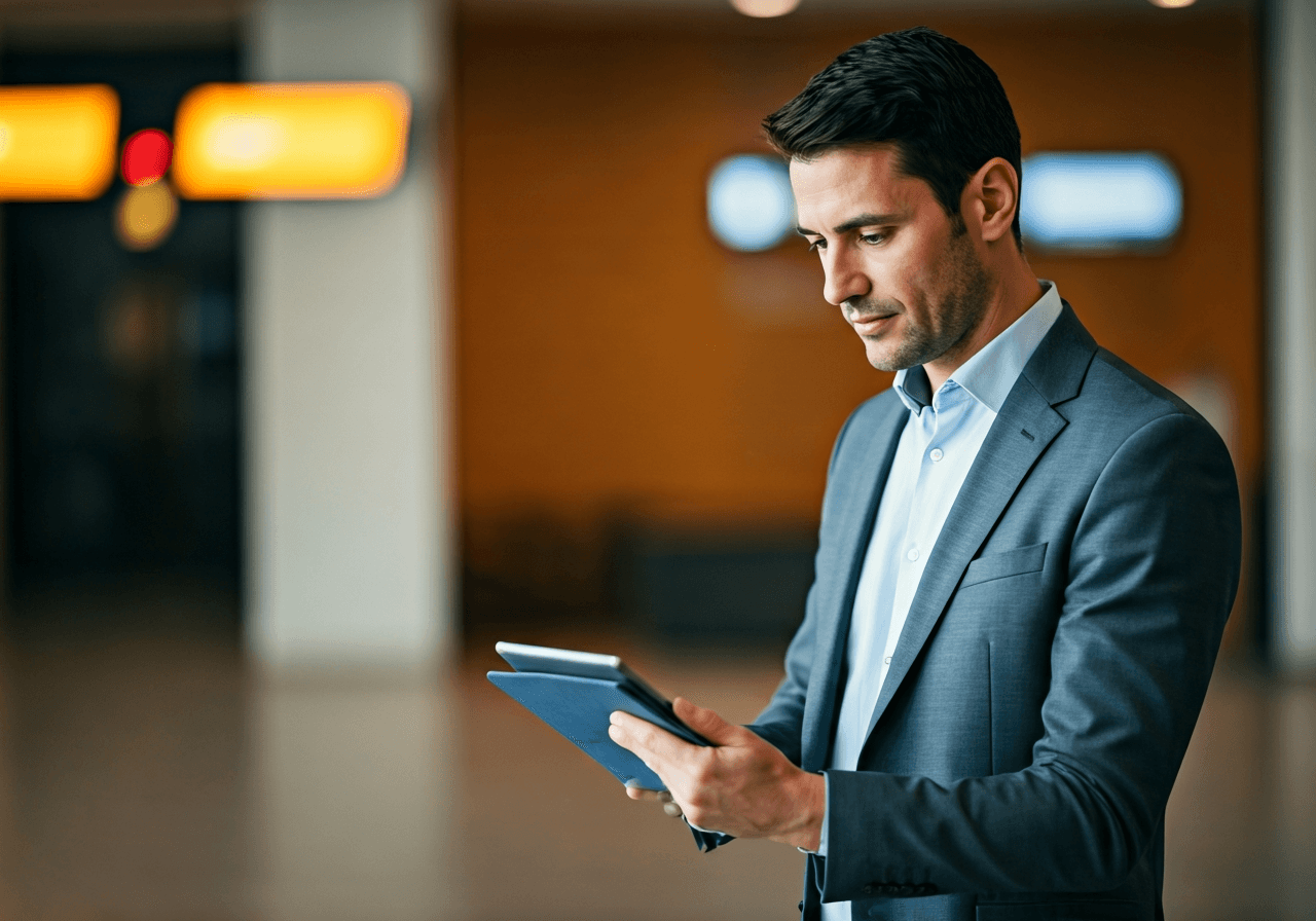 Editorial photography, a professional looking at a digital tablet inside a modern bright post office lobby, blurred background with minimalist aesthetics, soft natural light, 85mm lens, high quality, no text, no words, no letters