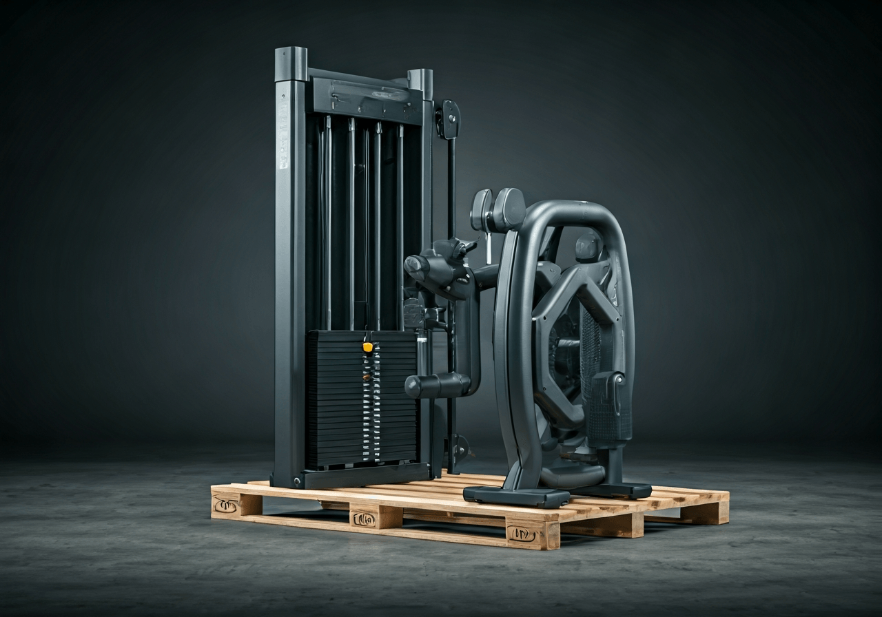 A professional logistics delivery of heavy fitness equipment on a wooden pallet, industrial warehouse setting, modern and clean, editorial photography, soft natural light, 85mm lens, highly detailed, no text, no words, no letters