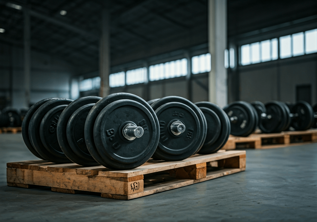 Professional logistics warehouse, heavy steel dumbbell sets on wooden pallets, modern industrial aesthetic, clean lines, soft natural lighting, high-end editorial photography style, 85mm lens, depth of field, no text, no words, no letters