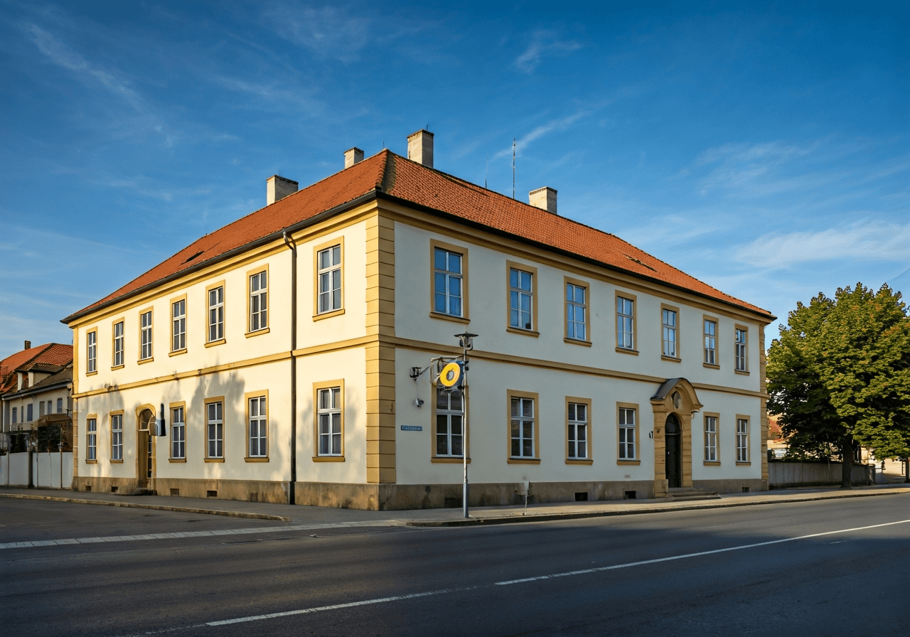 Pošta Nechanice: Jak balík poslat rychle (Krok za krokem) 2 Exterior view of the post office in Nechanice, traditional Czech architecture, soft daylight, editorial style, clean composition, 85mm lens, no text, no letters