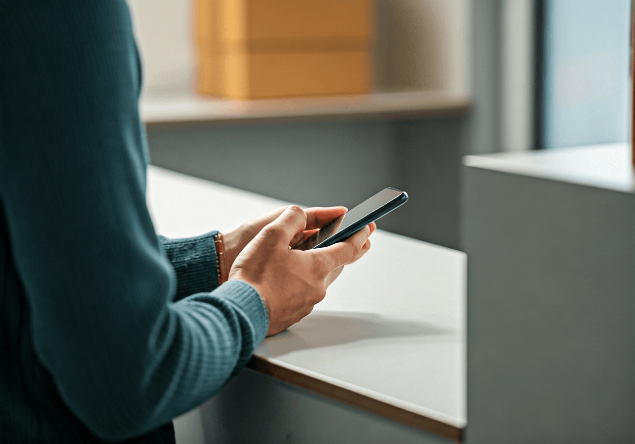 Pošta Nechanice: Jak balík poslat rychle (Krok za krokem) 3 A professional person using a smartphone to track a parcel near a clean, minimalist post office counter, soft natural light, editorial photography, 85mm lens, high quality, no text, no words, no letters