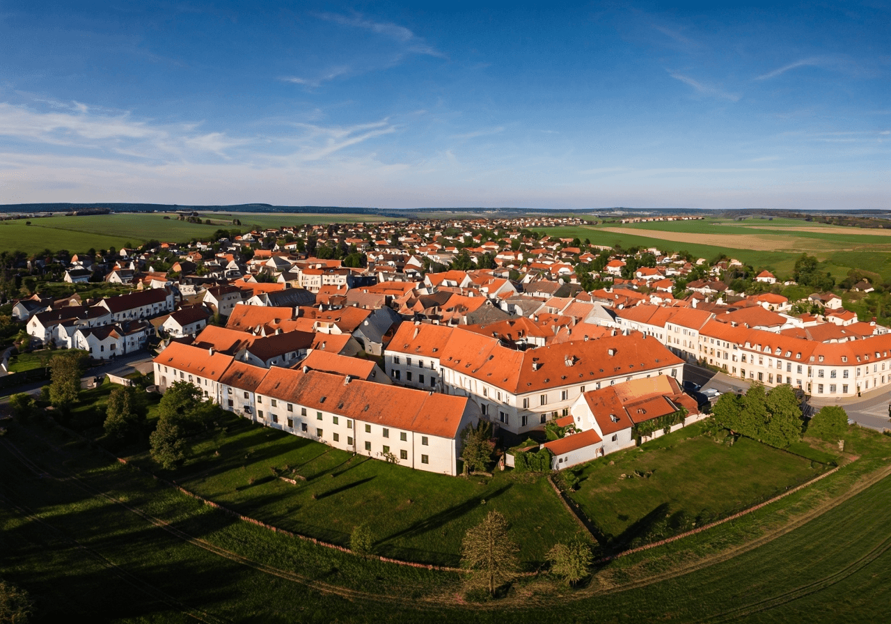 Aerial view of the historical town of Jaromer, Czech Republic, nestled in the countryside of the Hradec Kralove region, clean architecture, editorial photography, soft natural daylight, 85mm lens, high detail, no text, no letters