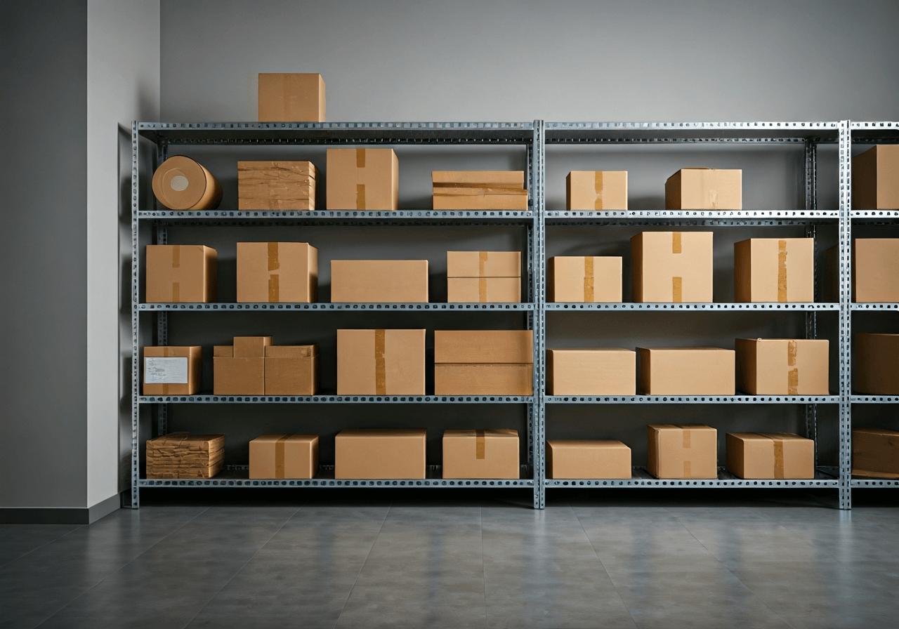 A professional logistics delivery point inside a clean, modern building, packages organized on shelves, soft natural light, editorial photography style, 85mm lens, high quality, no text, no letters.