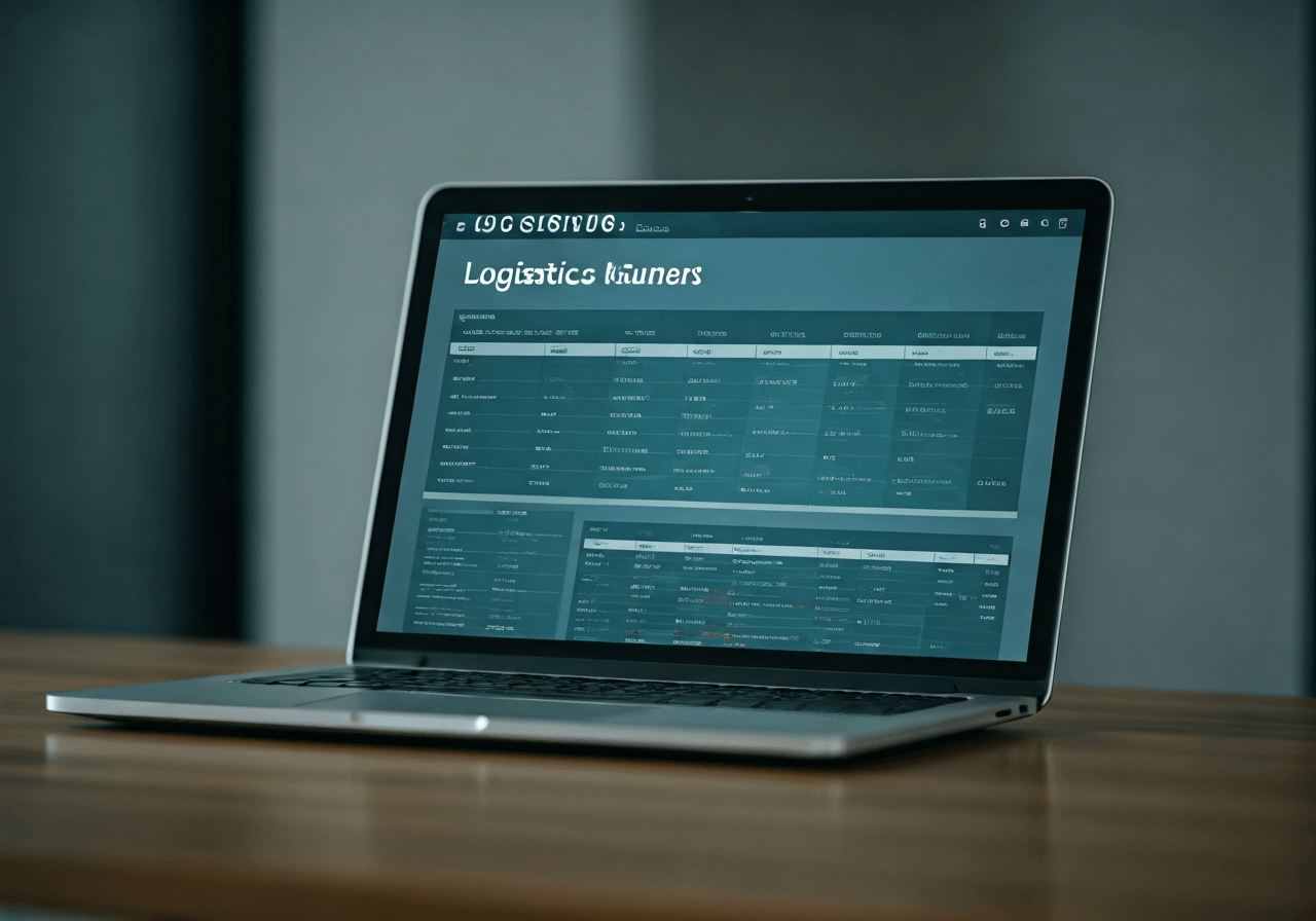 A professional business workspace with a laptop showing a logistics dashboard, clean modern office environment, soft natural light, editorial photography, 85mm lens, high resolution, no text, no words, no letters
