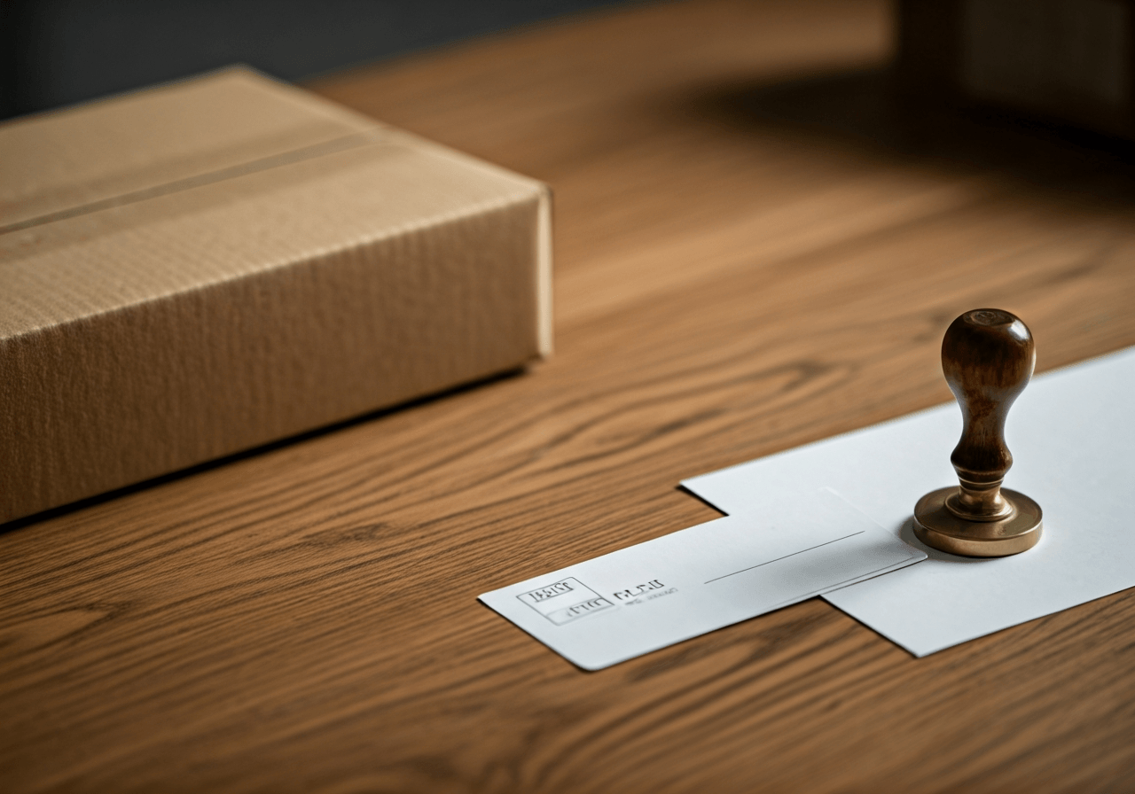 A high-angle close-up shot of a modern, organized parcel delivery station on a clean wooden desk, a vintage brass stamp beside a printed address label, soft natural light, 85mm lens, minimalist aesthetic, no text, no letters.
