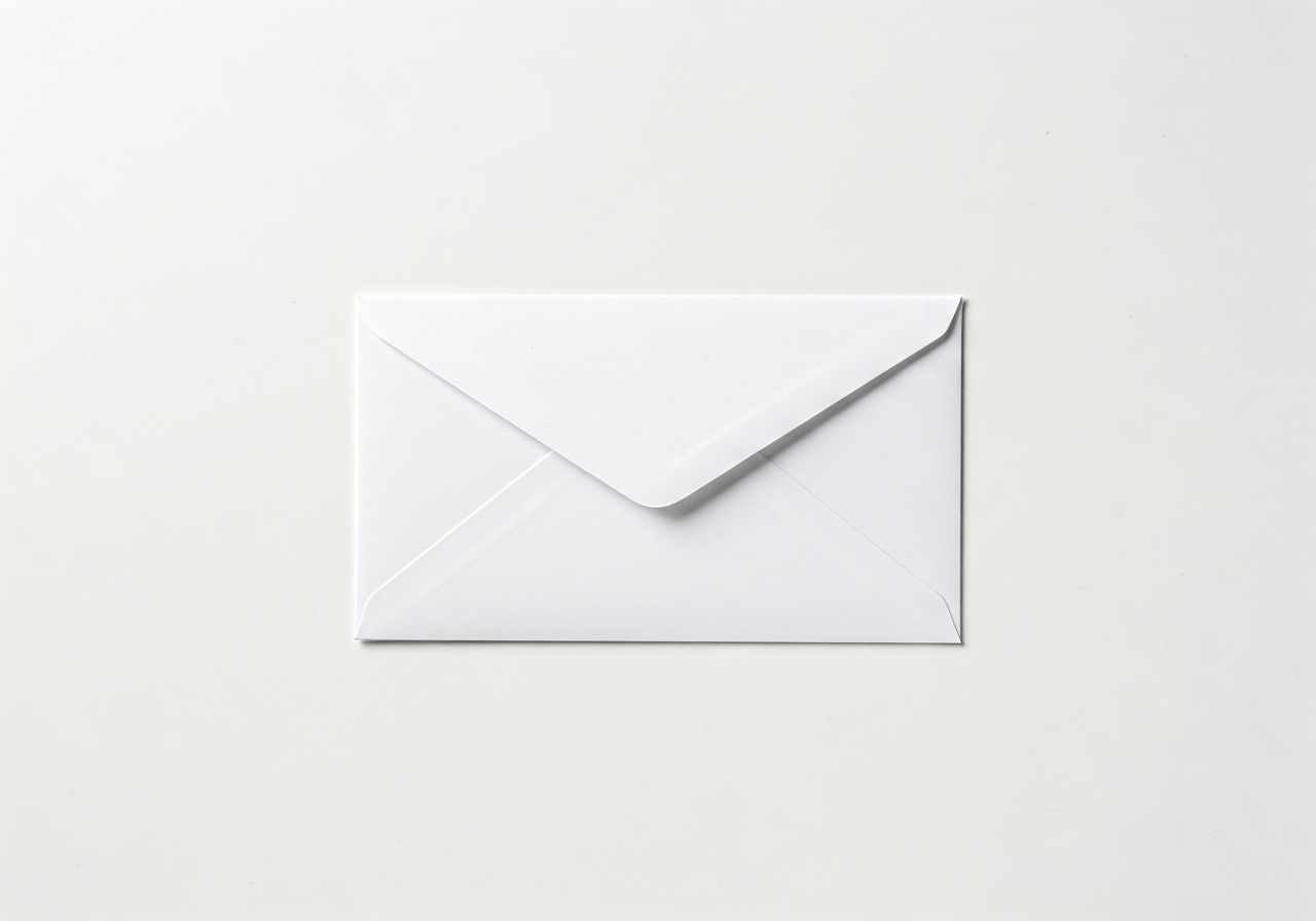 A professional, minimalist desk setting featuring a neatly addressed envelope with a handwritten address, modern office aesthetic, clean white surfaces, soft natural light, shallow depth of field, 85mm lens, high resolution, no text, no words, no letters.
