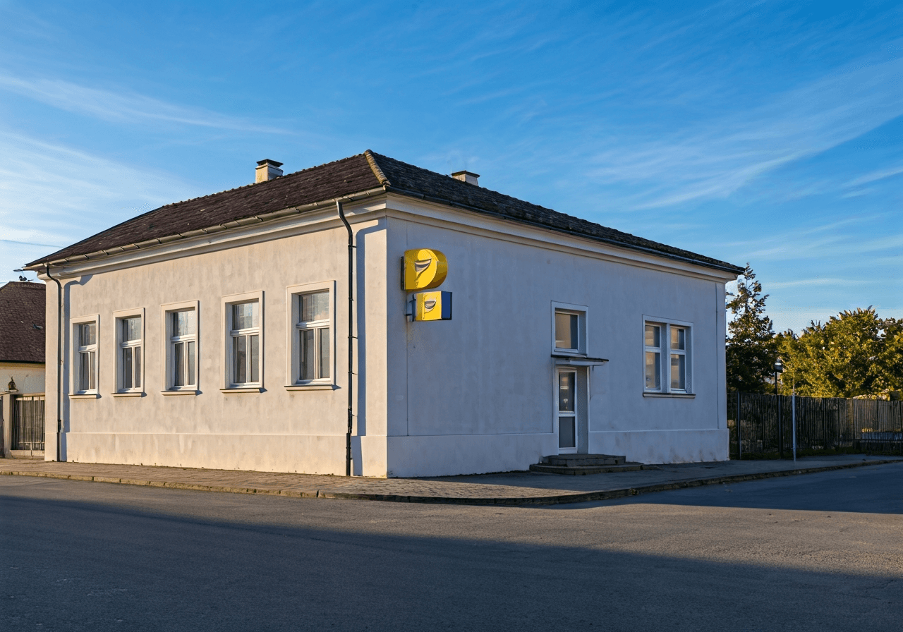 Exterior view of a local post office building in a rural Czech village, clean facade, morning soft natural light, editorial photography style, 85mm lens, high detail, no text, no words