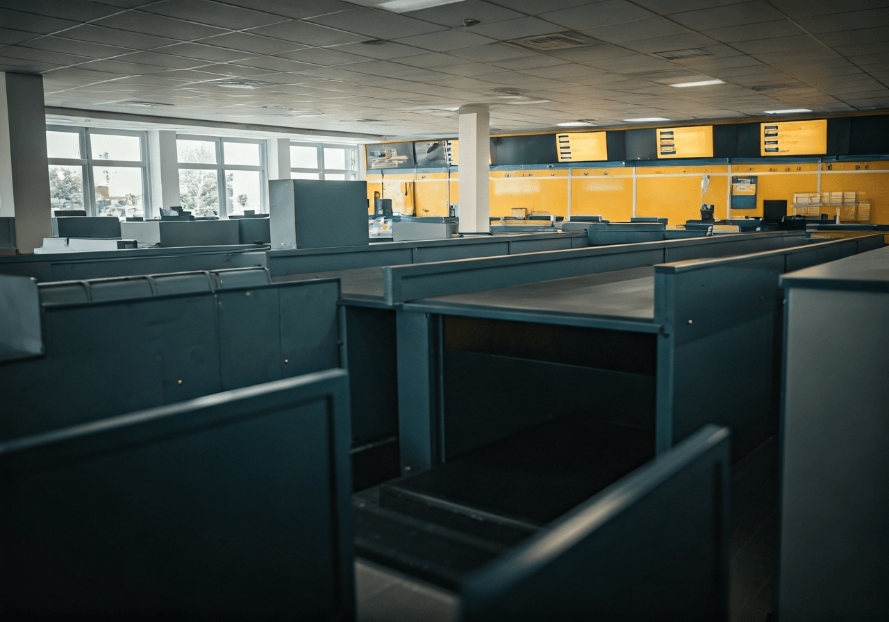 A professional parcel sorting area at a modern Czech post office branch, clean aesthetic, high-end editorial photography, soft natural light, shallow depth of field, 85mm lens, no text, no words, no letters.