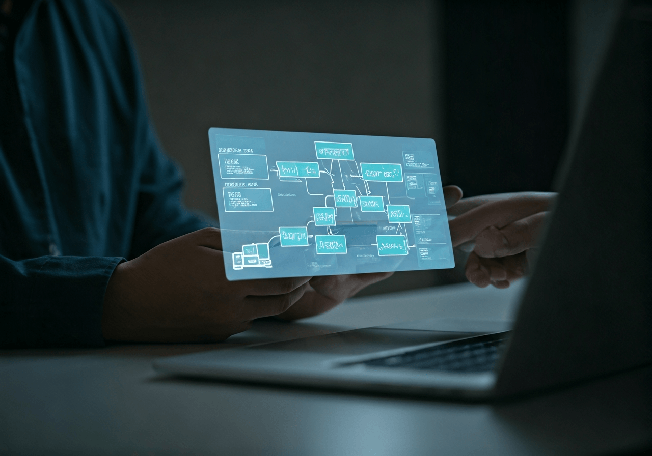 A professional logistics office setting, a person looking at a digital tablet with complex supply chain flowcharts, minimalist modern interior, soft natural light, editorial photography style, 85mm lens, high resolution, no text, no letters