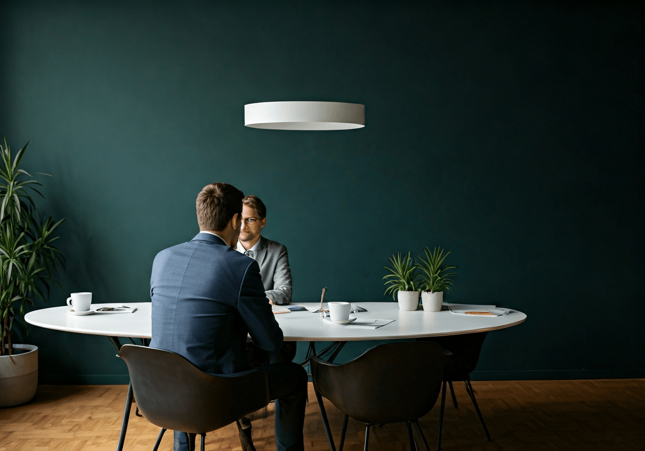 Professional business meeting in a modern corporate office, focused on logistics and facility management, minimalist aesthetic, clean lines, high-end editorial style, soft natural light, 85mm lens, no text, no words, no letters