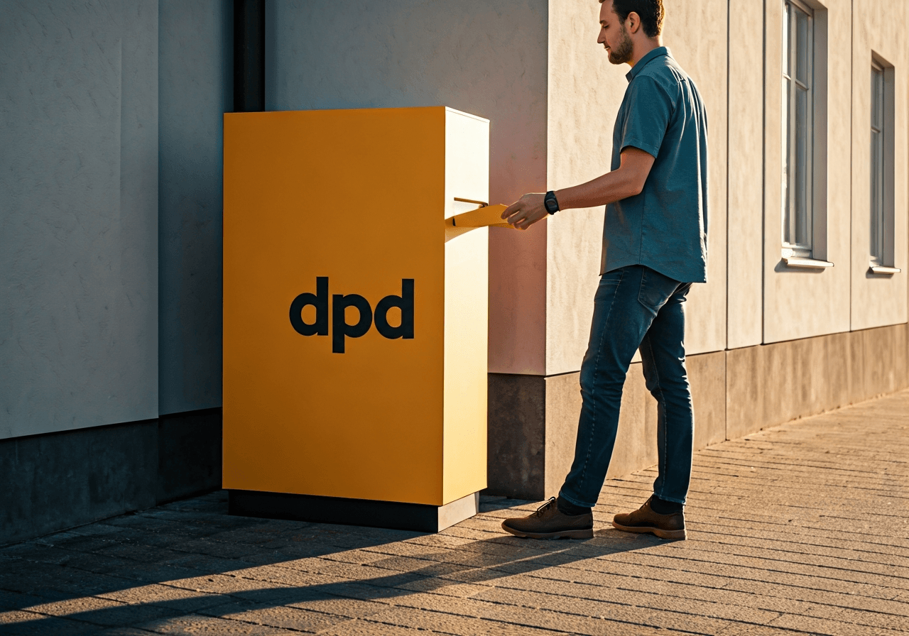 A person confidently picking up a healthy food parcel from a modern DPD Box in a sunny, urban Strakonice street, minimalist architecture, editorial photography, soft natural light, 85mm lens, high resolution, no text, no words, no letters.