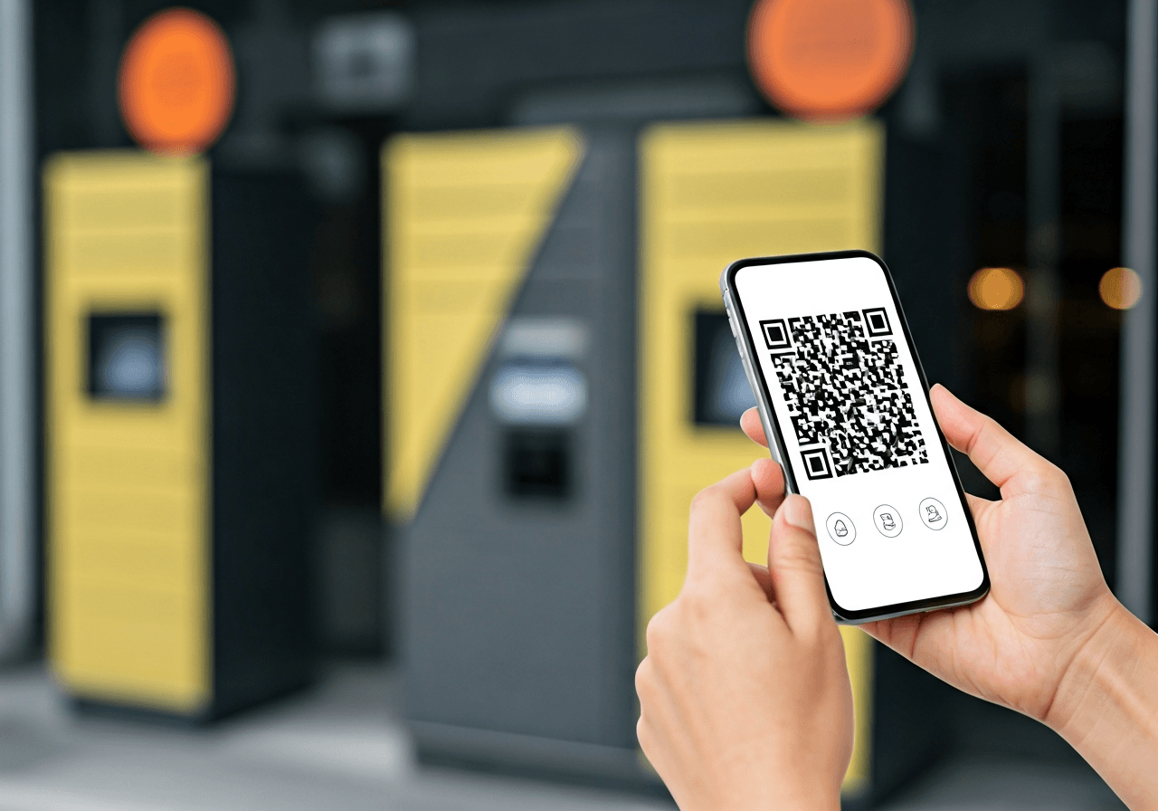 Close-up of a hand holding a smartphone with a QR code, modern automated parcel locker in the background, clean urban setting, soft natural light, editorial photography, 85mm lens, high resolution, no text, no words, no letters