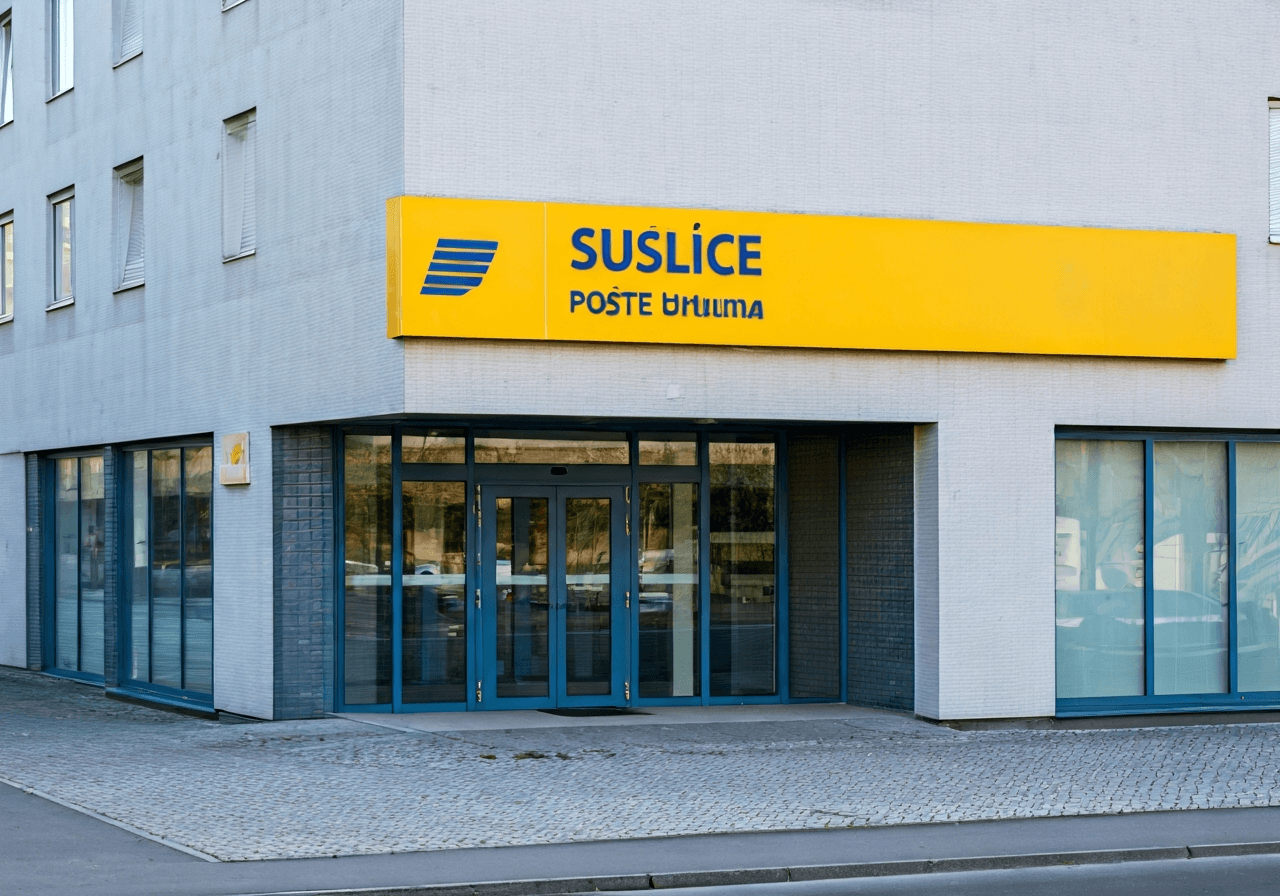 A professional, modern view of the Sušice post office exterior on Havlickova street, clear signage, bright daylight, editorial architectural photography, 85mm lens, high resolution, no text, no words, no letters.