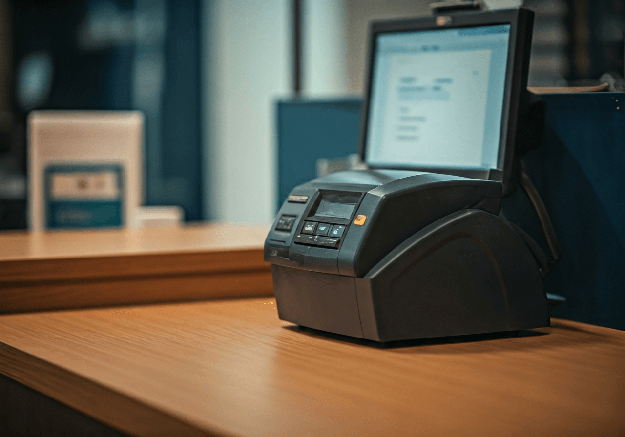A professional parcel handling station at a modern post office counter, clean aesthetic, soft natural light, depth of field, 85mm lens, highly detailed, no text, no words, no letters.