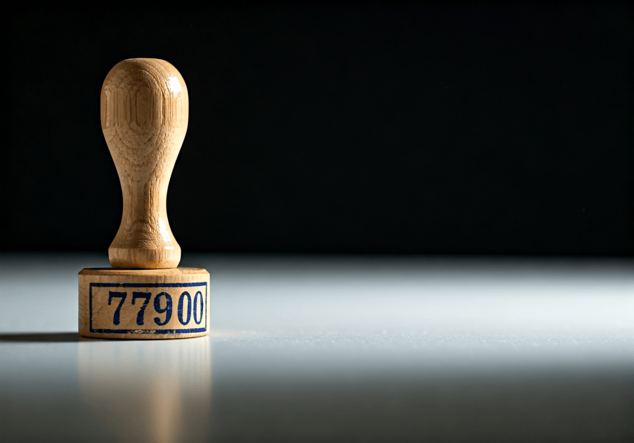 PSČ 77900: Kompletní přehled (Rychlý průvodce 2026) 2 A professional, close-up shot of an official stamp with the number 779 00 clearly visible on a clean, modern white desk, cinematic depth of field, soft natural light, 85mm lens, high-end editorial photography style, no text, no letters.