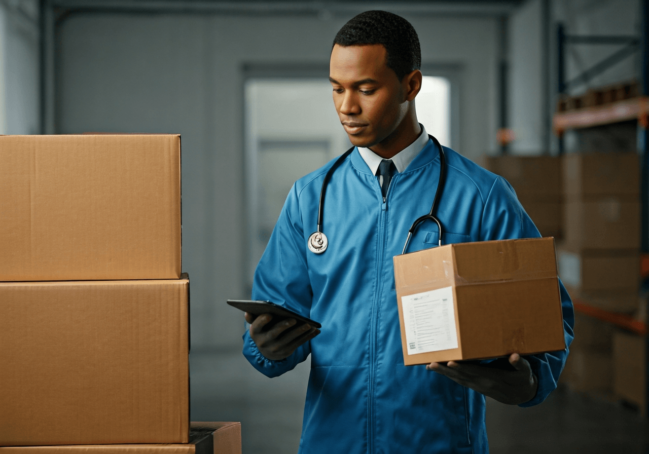 PSČ 77900: Kompletní přehled (Rychlý průvodce 2026) 3 A professional medical courier checking a digital delivery manifest with a box of clinical supplies in a sterile, bright warehouse environment, editorial photography, soft natural light, 85mm lens, highly detailed, no text, no letters