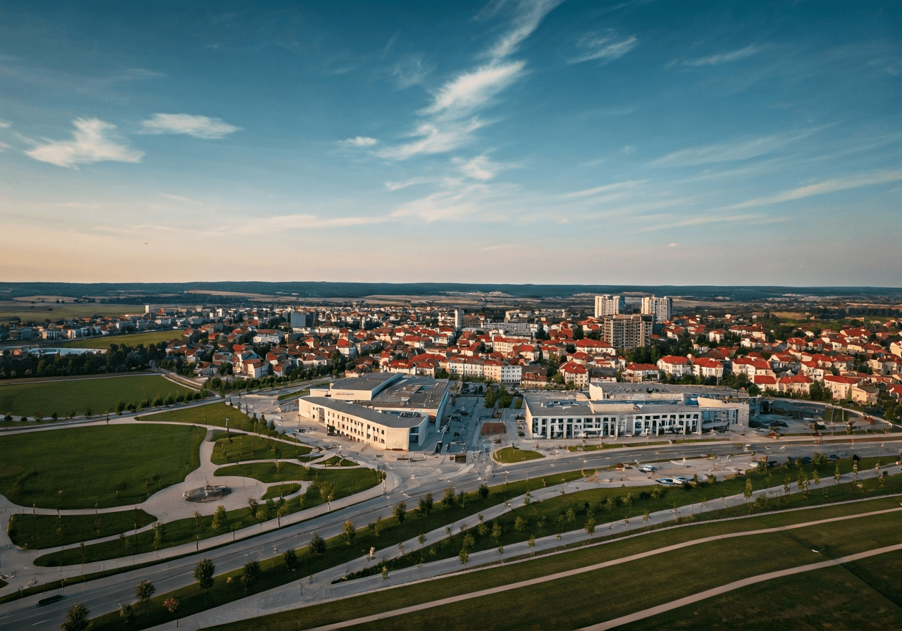 Aerial view of the town of Čelákovice, modern urban layout with green spaces, soft natural daylight, 85mm lens, high-end editorial photography, no text, no letters