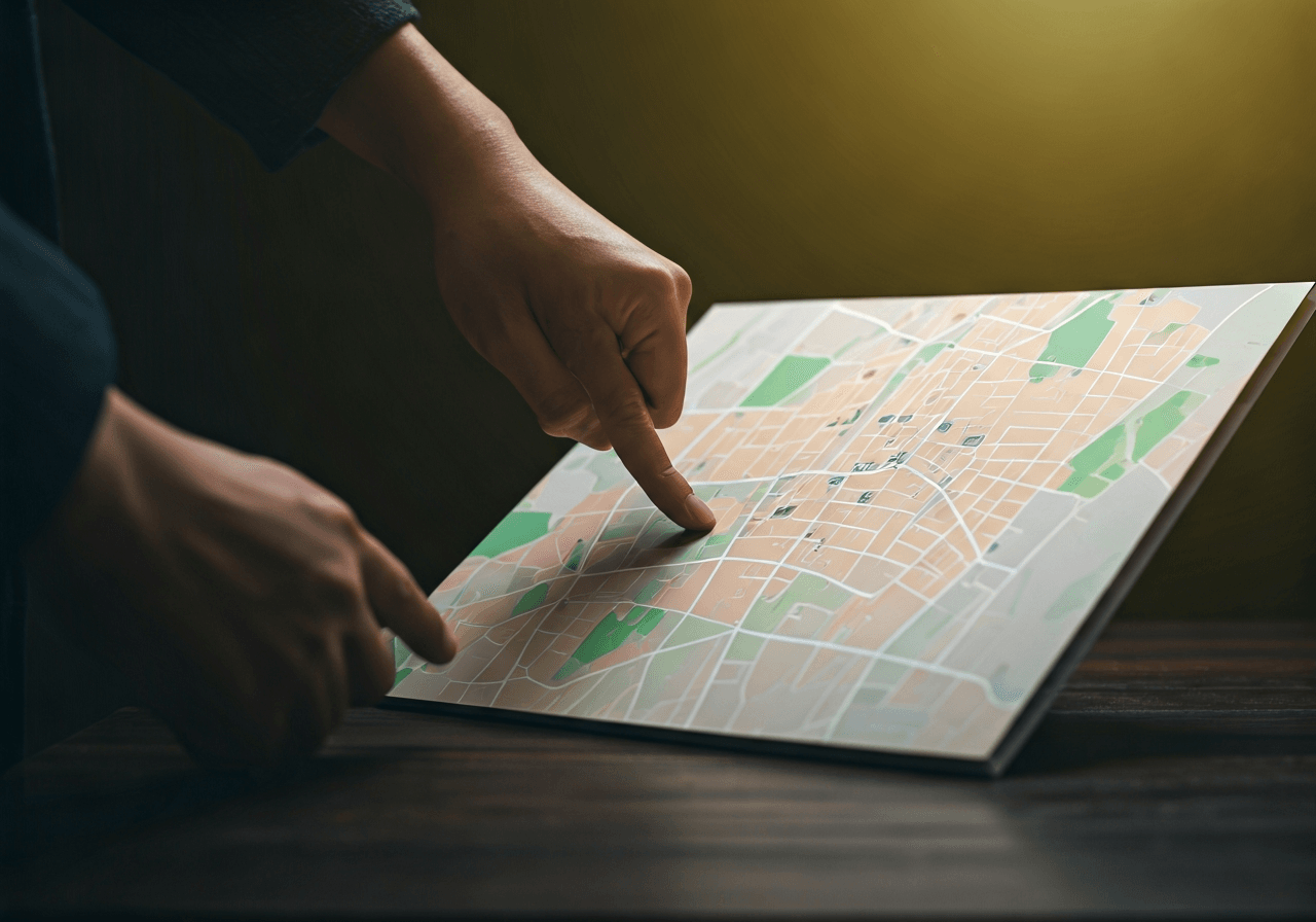 Editorial photography, a person pointing to a map of a small town with clearly marked streets, a postal code symbol nearby, soft natural light, 85mm lens, highly detailed, no text, no words, no letters