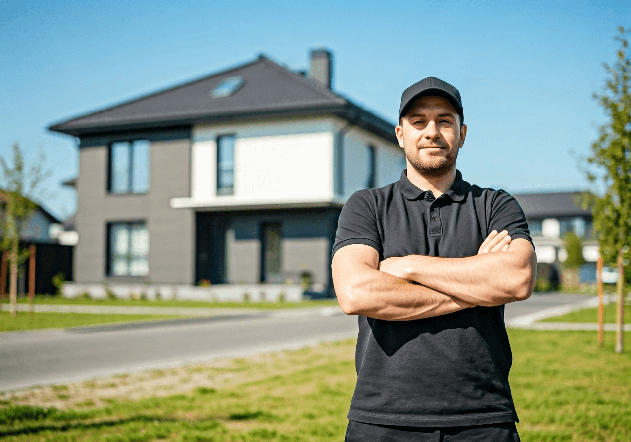 A professional delivery courier standing in front of a modern residential house on a clean, sunny suburban street in Průhonice, editorial photography, soft natural light, 85mm lens, high quality, no text, no words, no letters