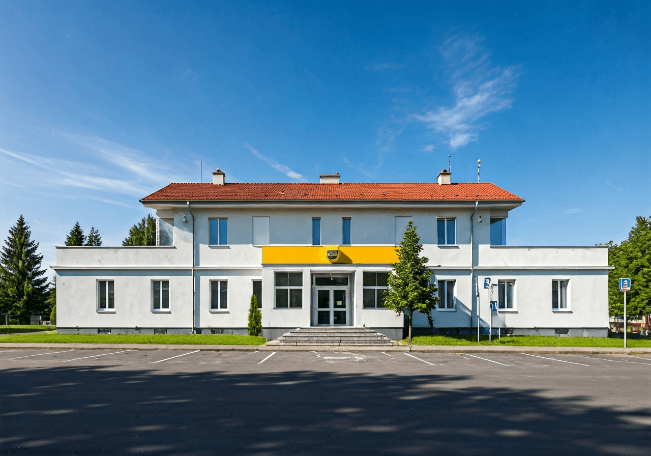 A professional exterior shot of a modern Czech rural post office building during a clear day, clean architecture, soft natural light, 85mm lens, high resolution, no text, no words, no letters.