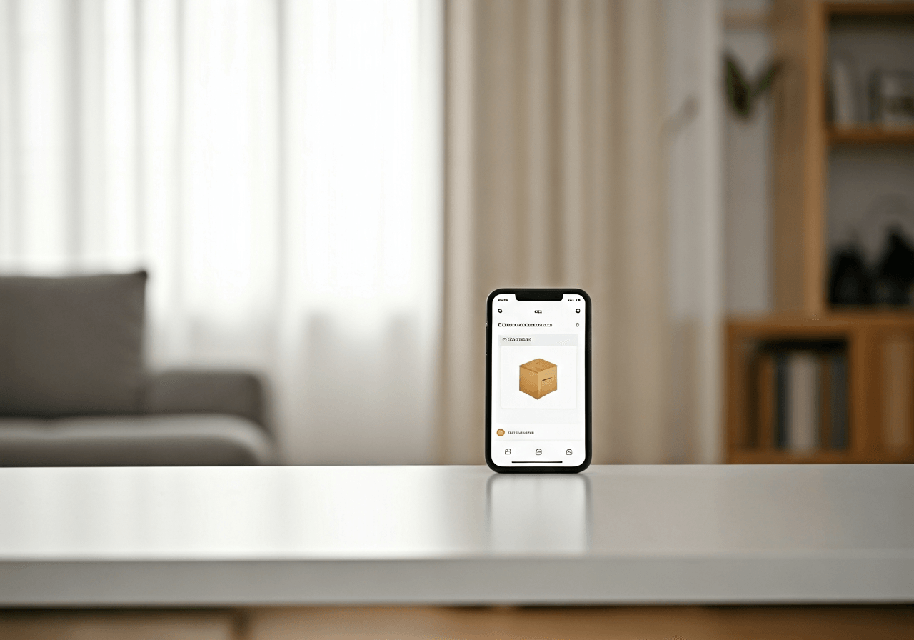 A clean, modern minimalist home office desk with a smartphone displaying a package tracking app, blurred background of a cozy living space, professional editorial aesthetic, soft natural light, 85mm lens, high resolution, no text, no letters.