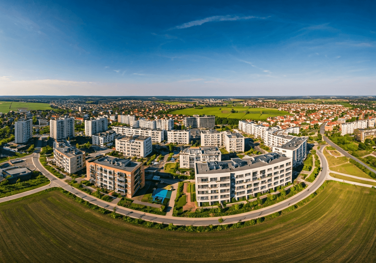 Aerial view of Zdiby municipality in the Prague-East district, modern residential development integrated with green landscapes, bright daylight, editorial aesthetic, 85mm lens, high resolution, no text, no letters