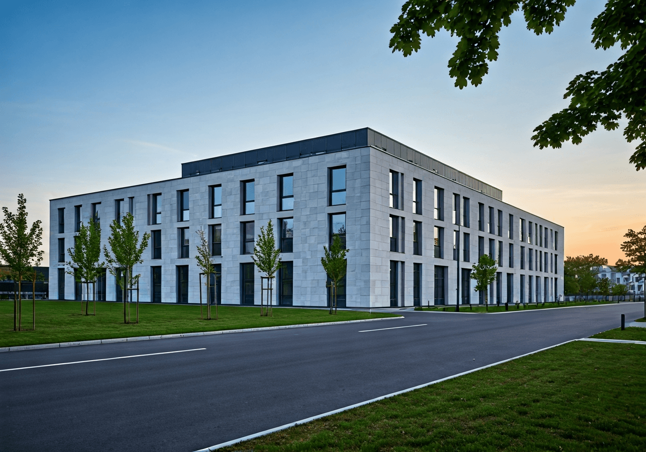 A modern, sleek administrative building exterior in a quiet, leafy suburban area, clean architecture, soft morning light, editorial photography style, 85mm lens, minimalist composition, no text, no letters.