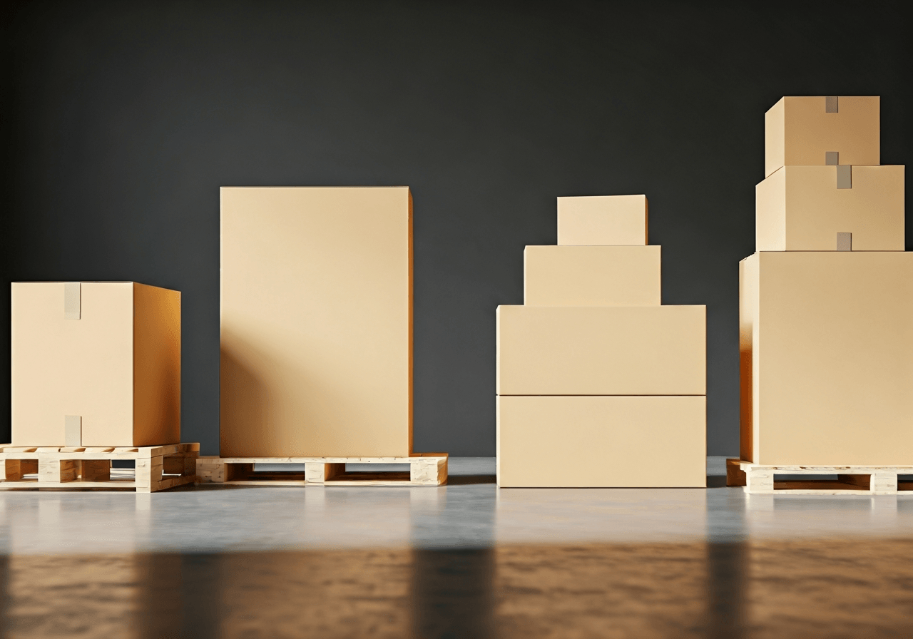 A professional logistics warehouse setting with neatly organized parcels, soft natural light reflecting on clean surfaces, shallow depth of field, 85mm lens, minimalist and premium aesthetic, no text, no words, no letters