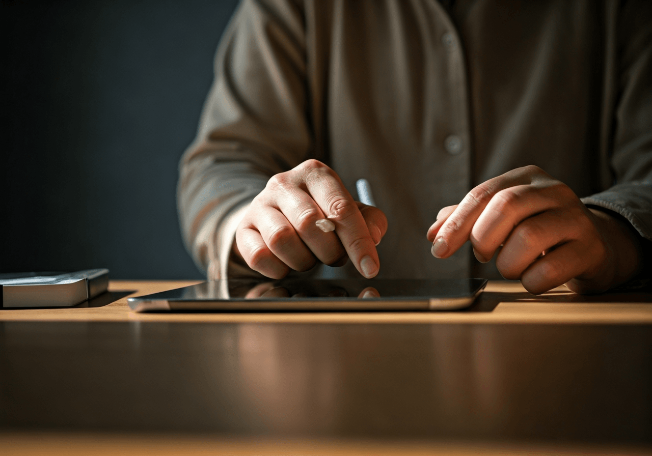 A professional person using a digital tablet to search for postal services in a modern, sunlit Brno office, minimalist aesthetic, editorial photography, 85mm lens, high quality, soft natural light, no text, no letters.
