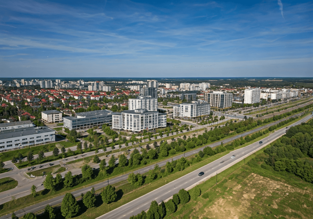 Aerial view of Karviná-Hranice district, modern urban infrastructure mixed with residential greenery, clean atmosphere, cinematic lighting, 85mm lens, high resolution, no text, no letters