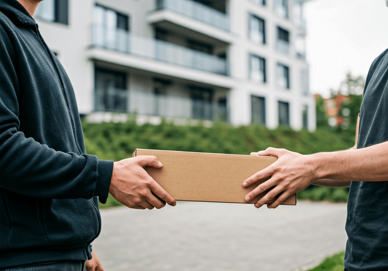 A professional delivery courier handing over a parcel near a modern residential building in Karvina, clean urban environment, soft natural daylight, editorial photography style, 85mm lens, high quality, no text, no words, no letters.