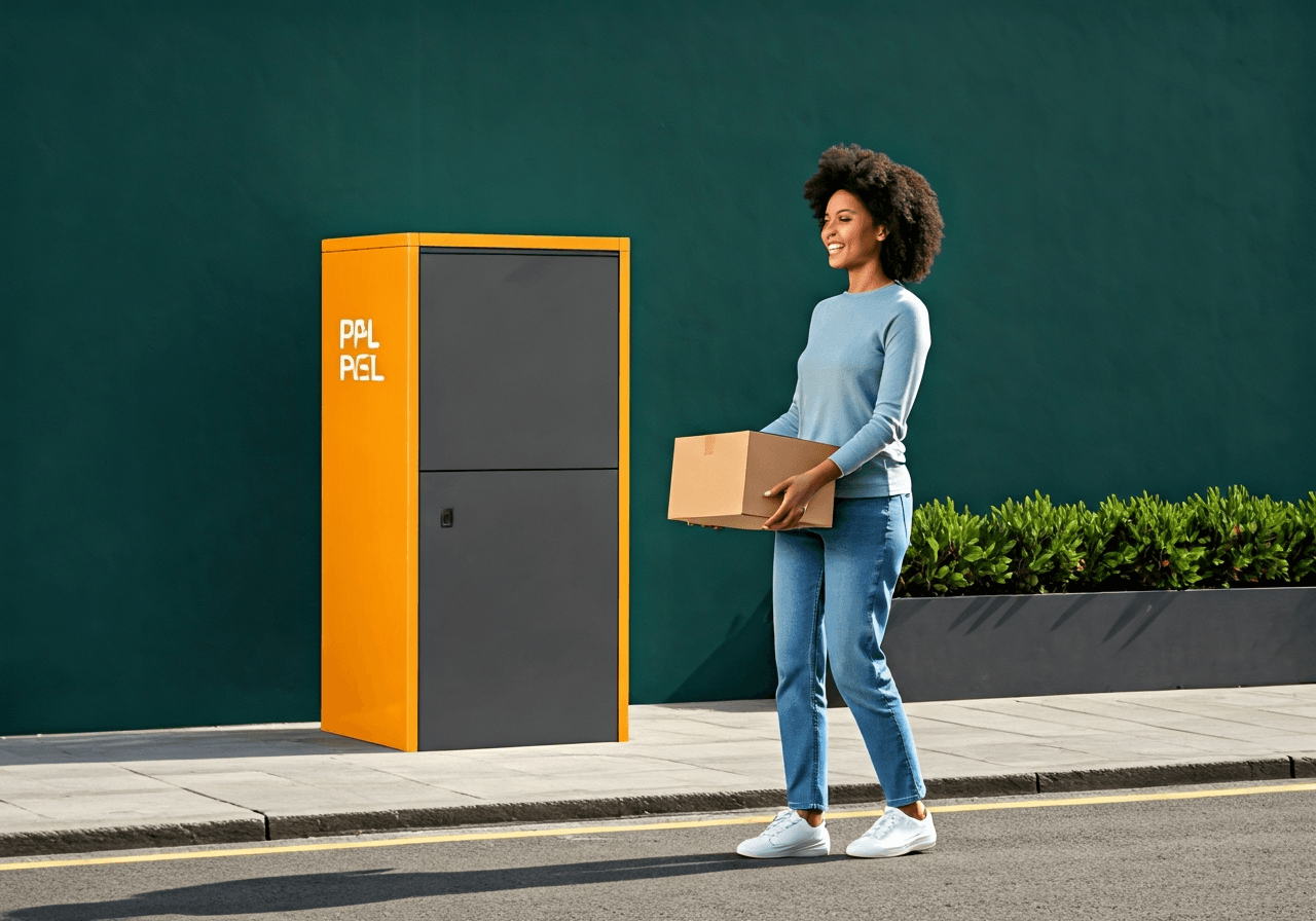 A happy person confidently picking up a package from a modern PPL Parcelbox, bright and clean exterior environment, editorial photography, premium aesthetic, soft natural light, 85mm lens, no text, no words, no letters